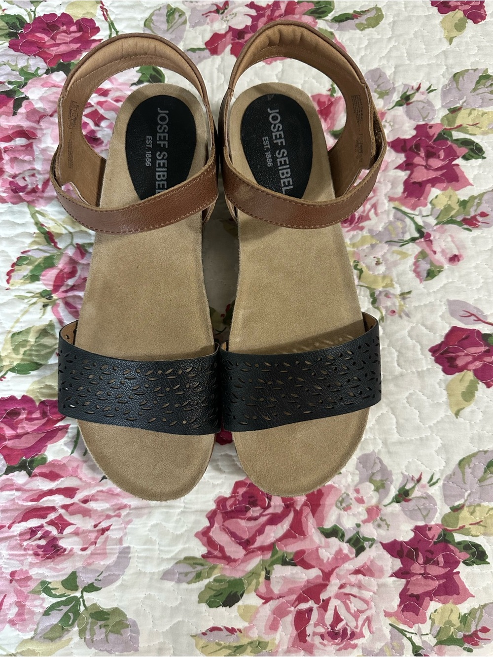Josef Seibel Two-Tone Black and Brown Leather Sandals
